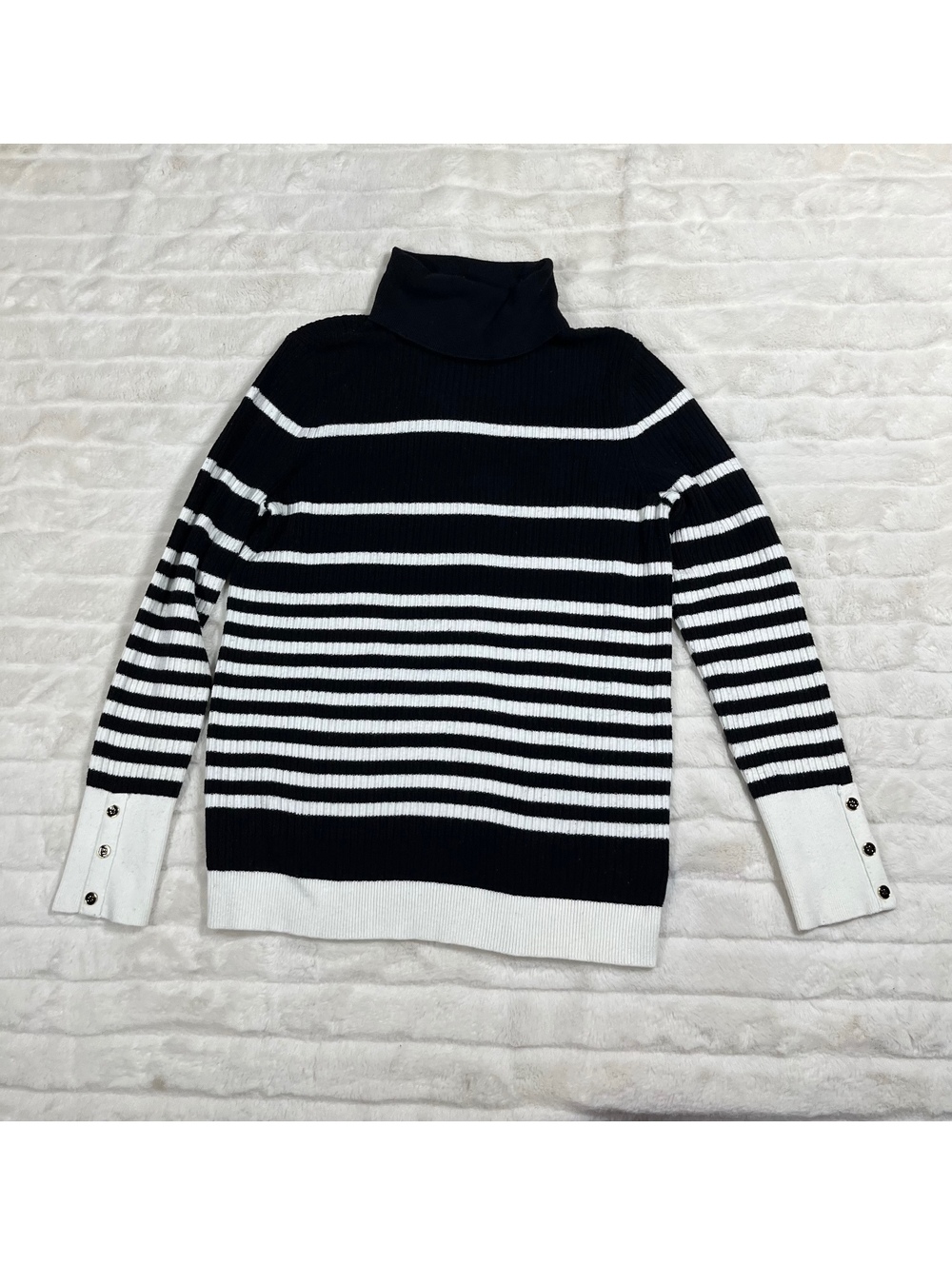 Talbots M Black White Stripe Turtleneck Button Accent Preppy Fall Winter Sweater